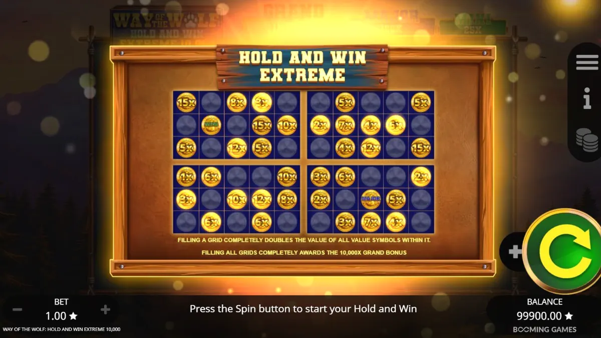 Way of the Wolf Hold and Win Extreme 10,000 slot machine interface